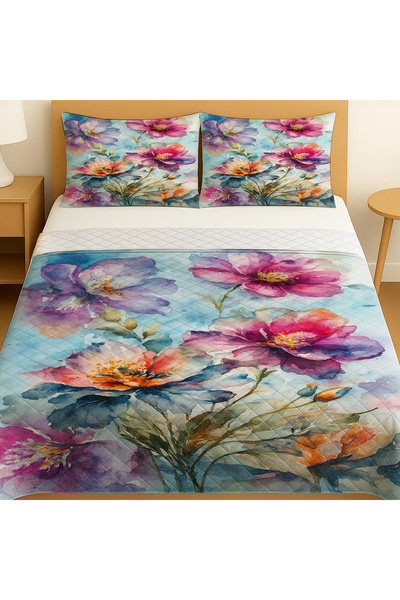 3D ELSE HALI Watercolor Floral Pattern Double Pike Set Bedspread