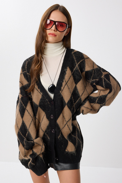 Lovelyİstanbul Baklava Patterned Wool Effect Knitwear Cardigan Lmw0026 Black Biscuit