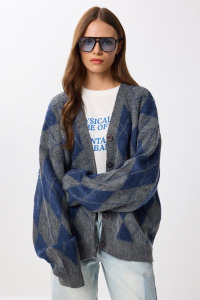 Lovelyİstanbul Baklava Patterned Wool Effect Knitwear Cardigan Lmw0026 Gray Navy Blue