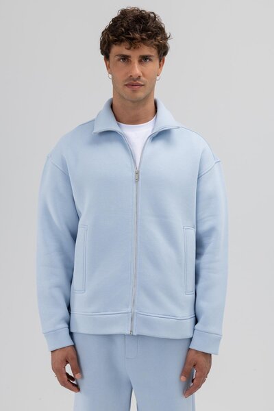 VAMOSCLO Oversize Önü Fermuarlı Dik Yaka Sweatshirt Bebe Mavi