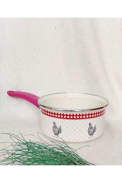 EBRULİEMAYE Red Chicken Enamel Saucepan Sauce Bowl 2 Liters 19 cm Diameter Casserole Pink Handle