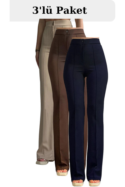 THIFF GYMWEAR Women's Palazzo Pants Set of 3 – Beige Brown Navy Blue, Crepe Lycra, High Waist Jogger Cut