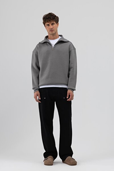 VAMOSCLO Βασικό φούτερ με φερμουάρ ψηλός λαιμός καπνιστό