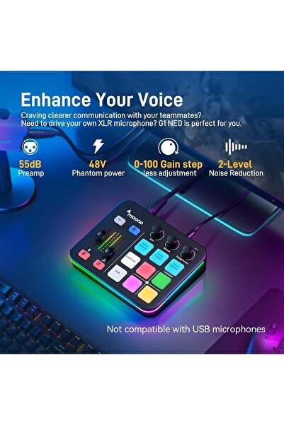 MAONO Gaming Audio Mixer, Audio Interface with Pro-preamp, RGB, Bluetooth, 48V Phantom Power for Liv