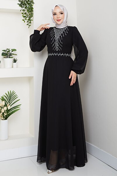 InStyle Rochie de seara din sifon negru cu pietre pe fata