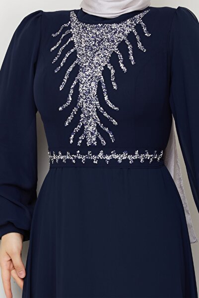 InStyle Önü Taşlı Lacivert Şifon Abiye