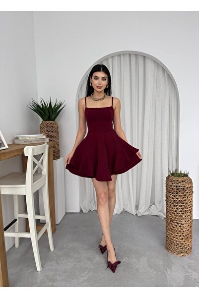 ETİKAFASHION Askılı Volanlı Eteği Belden Açılan Mini Elbise