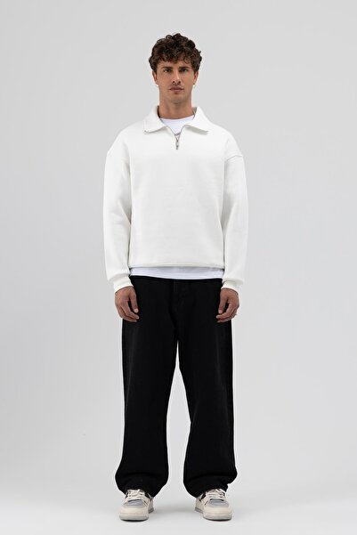 VAMOSCLO Oversize Zippered Stand Collar Sweatshirt Ecru
