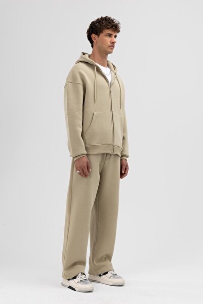 VAMOSCLO Basic Zippered Oversize Hooded Sweatshirt Khaki