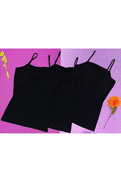 VELOURE Kadın Atlet 3’lü Pedli İnce İp Askılı Pamuklu 3 Adet Siyah Sütyenli K...