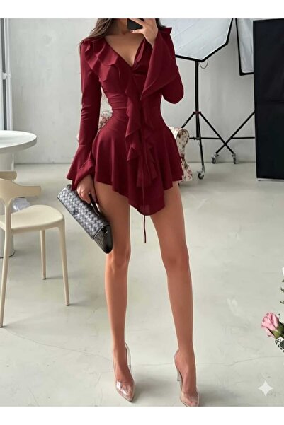 MEGOMEL Kadın Mini Fırfır Detaylı Şık Elbise Astarlı