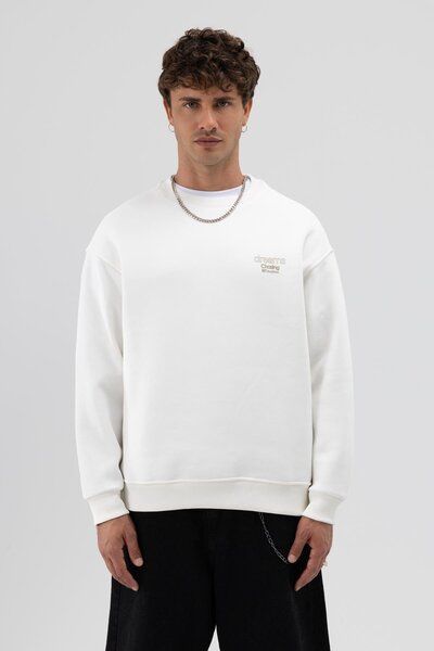 VAMOSCLO Oversize Crew Neck Printed Sweatshirt Ecru