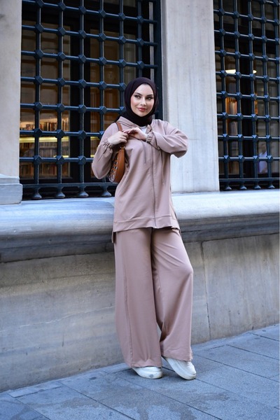 onlymoon Women's Beige 100% Cotton Hooded Top and Bottom Set |   Oversize Comfortable Fit |   Suitable for Use in 4 Seasons