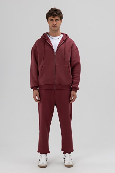 VAMOSCLO Basic Fermuarlı Oversize Kapüşonlu Sweatshirt Bordo