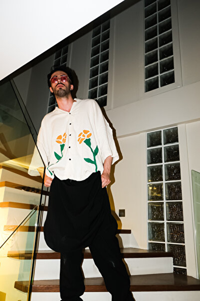 melongeneco Çiçek baskılı oversıze gömlek handmade çiçek keten karışımlı gömlek