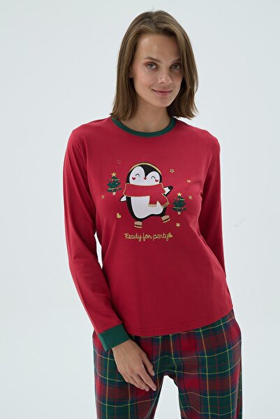 Sevim Women's Red Long Sleeve Penguin Printed Checkered Pajama Set C6T4N371
