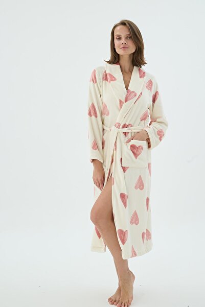 Sevim Жіночий халат з поясом, з малюнком сердечок, кремовий, довгий C6T8N271
