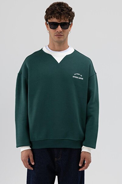 VAMOSCLO Oversize Bisiklet Yaka Baskılı Sweatshirt Nefti