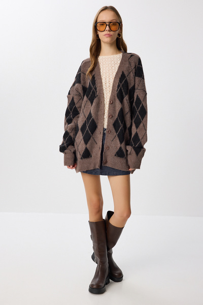 Lovelyİstanbul Baklava Patterned Wool Effect Knitwear Cardigan Lmw0026 Mink Black