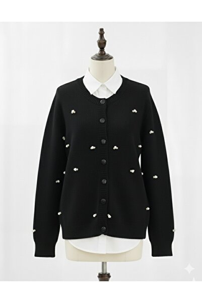 Modamorfo Buttoned Floral Detailed Soft Cardigan -Black