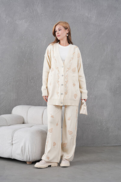 Miss Allos Women's Beaded Wide-Fit Knitwear Cardigan and Pants Bottom-Top Set