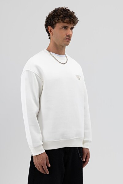 VAMOSCLO Oversize Crew Neck Printed Sweatshirt Ecru