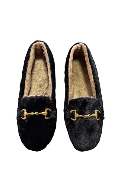 Moda Devrin Women's Black Buckle Winter Ballerina Shoes for Home and Outdoor Use