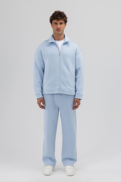 VAMOSCLO Oversize Önü Fermuarlı Dik Yaka Sweatshirt Bebe Mavi
