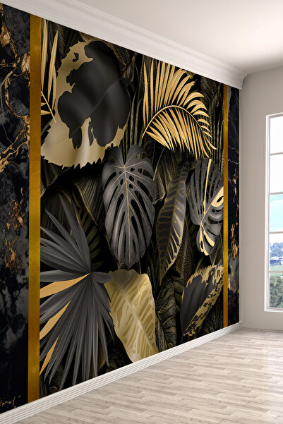 dreamwall Siyah Altın Tropikal Yaprak Desenli Tek Parça Tekstil Duvar Kağıdı