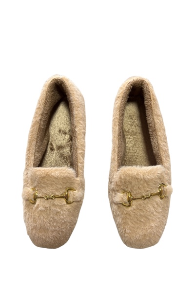 Moda Devrin Women's Beige Buckle Winter Ballerina Shoes for Home and Outdoor
