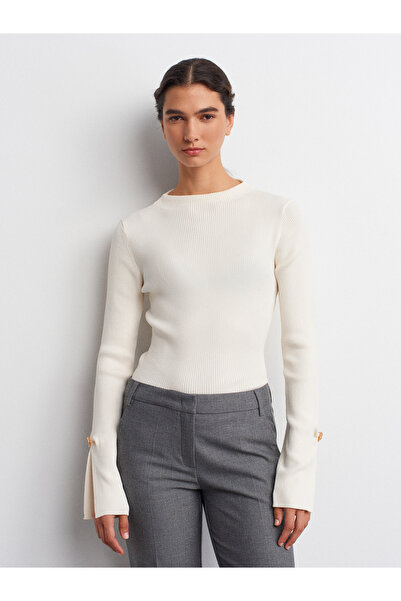 Dilvin 10811 Ribbed Slit Button Detailed Knitwear Sweater-Ecru