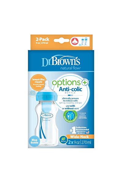 dr browns Set 2 biberoane Dr. Brown's WB92602, Anti-Colic, Options Plus, 0-3 luni, 270 ml, Gât larg, Albastru