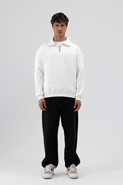 VAMOSCLO Oversize Zippered Stand Collar Sweatshirt Ecru