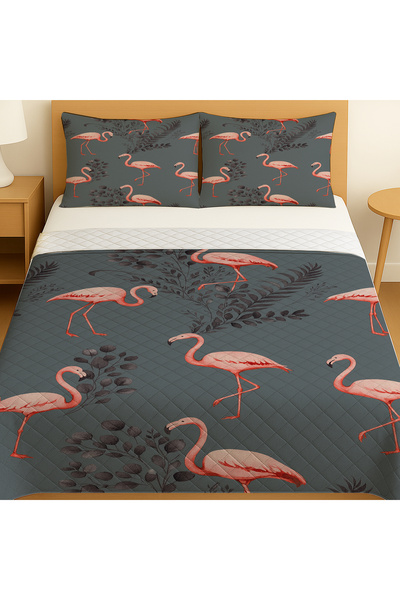 Else Dekor Pink Flamingo Gray Patterned Double Pique Set Bedspread