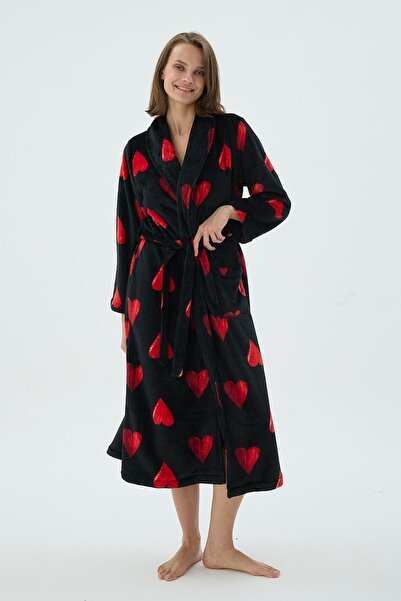 Sevim Дамска черна и червена роба с дълъг ръкав и сърцевиден десен C0T0N371