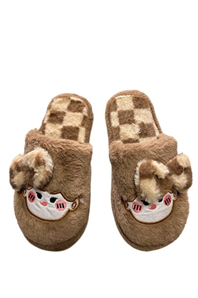 Moda Devrin Tan Bow Tie Plush Toy Winter Women's Slippers