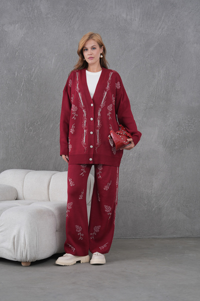 Miss Allos Women's Beaded Wide-Fit Knitwear Cardigan and Pants Bottom-Top Set