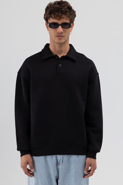 VAMOSCLO Basic Polo Neck Sweatshirt Black