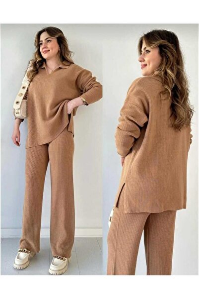 ONİPRETA Women's Trend Shirt Polo Neck Bottom Top Knitwear Set