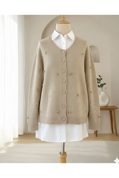 Modamorfo Buttoned Floral Detailed Soft Cardigan -Stone