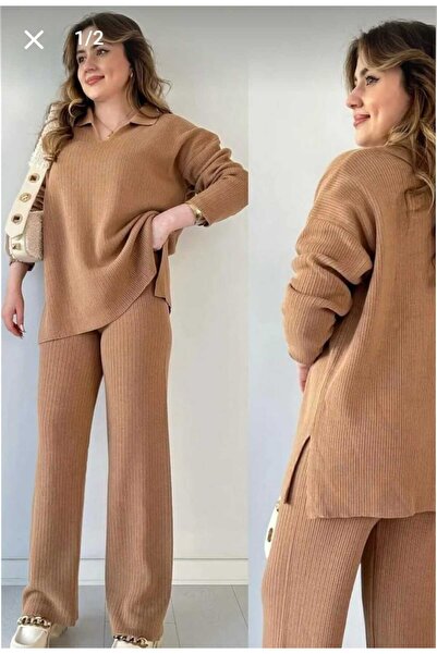 ONİPRETA Women's Trend Shirt Polo Neck Bottom Top Knitwear Set