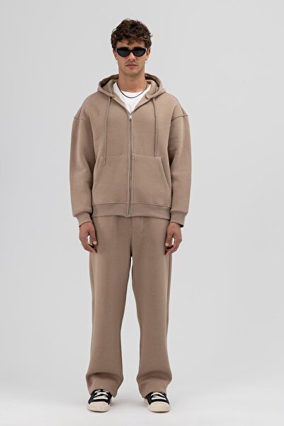 VAMOSCLO Basic Fermuarlı Oversize Kapüşonlu Sweatshirt Vizon