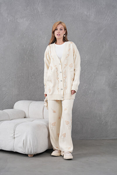 Miss Allos Women's Beaded Wide-Fit Knitwear Cardigan and Pants Bottom-Top Set