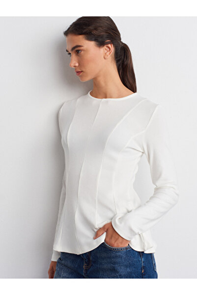 Dilvin 32090 Long Sleeve Peplum Top-Ecru