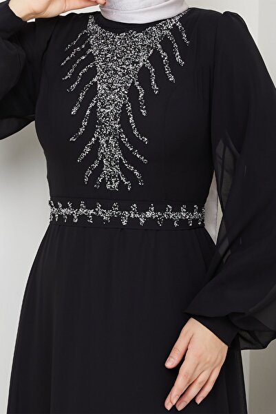 InStyle Önü Taşlı Siyah Şifon Abiye