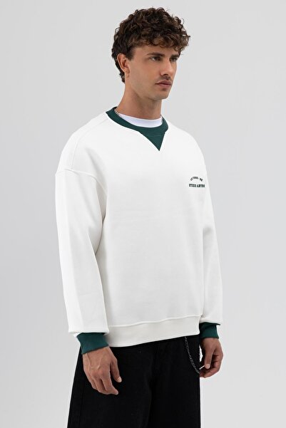 VAMOSCLO Oversize Crew Neck Printed Sweatshirt Ecru