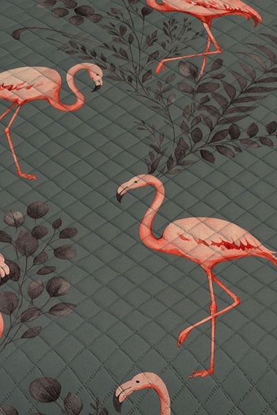 Else Dekor Pink Flamingo Gray Patterned Double Pique Set Bedspread