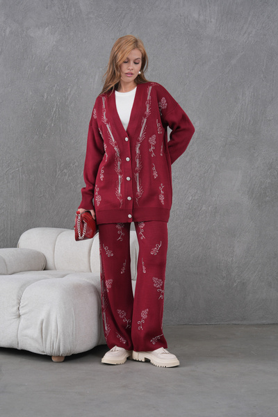 Miss Allos Women's Beaded Wide-Fit Knitwear Cardigan and Pants Bottom-Top Set