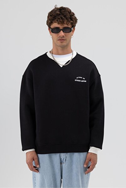 VAMOSCLO Oversize Bisiklet Yaka Baskılı Sweatshirt Siyah