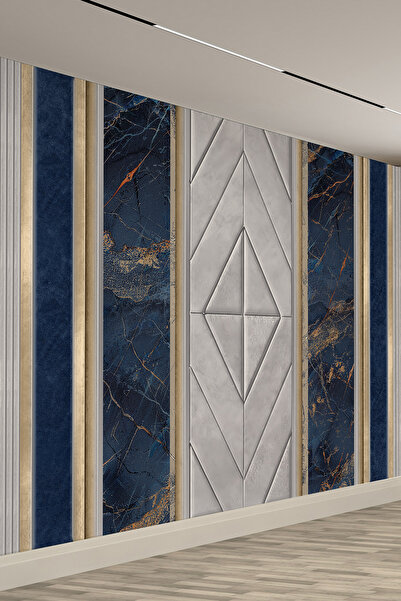 dreamwall Lacivert Mermer & Gri Panel Desenli Tekstil Duvar Kağıdı